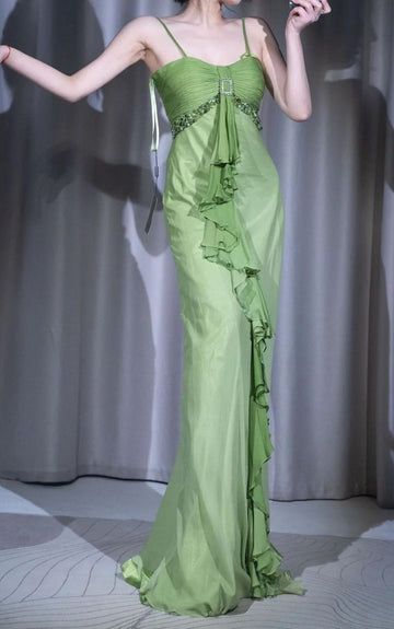 Unique Mermaid Spaghetti Strap Beaded Ruffle Green Satin Chiffon Party Dress Evening Dress HZ1023